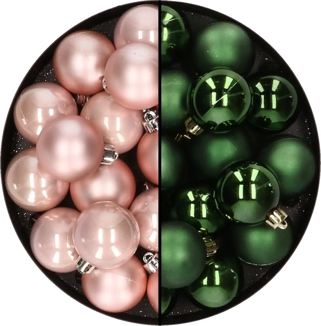 32x stuks kunststof kerstballen mix van lichtroze en donkergroen 4 cm
