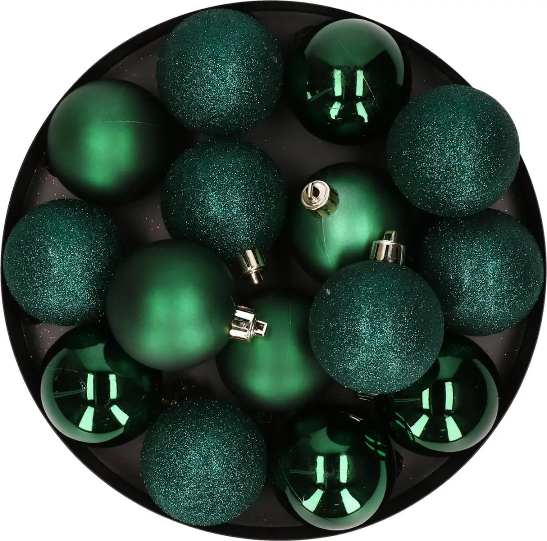 12x stuks kunststof kerstballen donkergroen 6 cm mat/glans/glitter