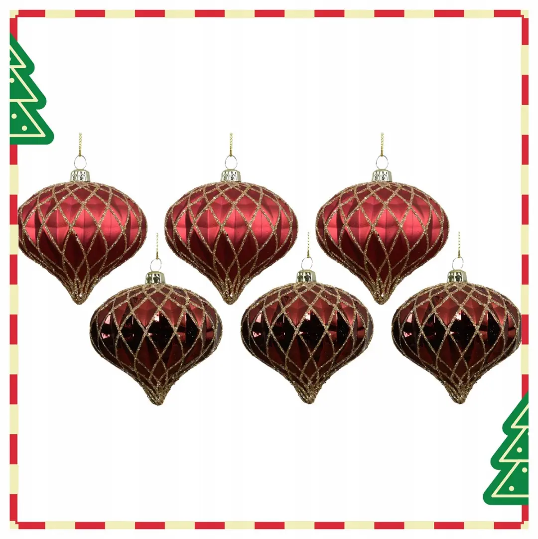 Bordeauxrode Kerstballen 8cm - 6 Stuks - Onbreekbaar met gouden decoratie - afbeelding 2 van 3