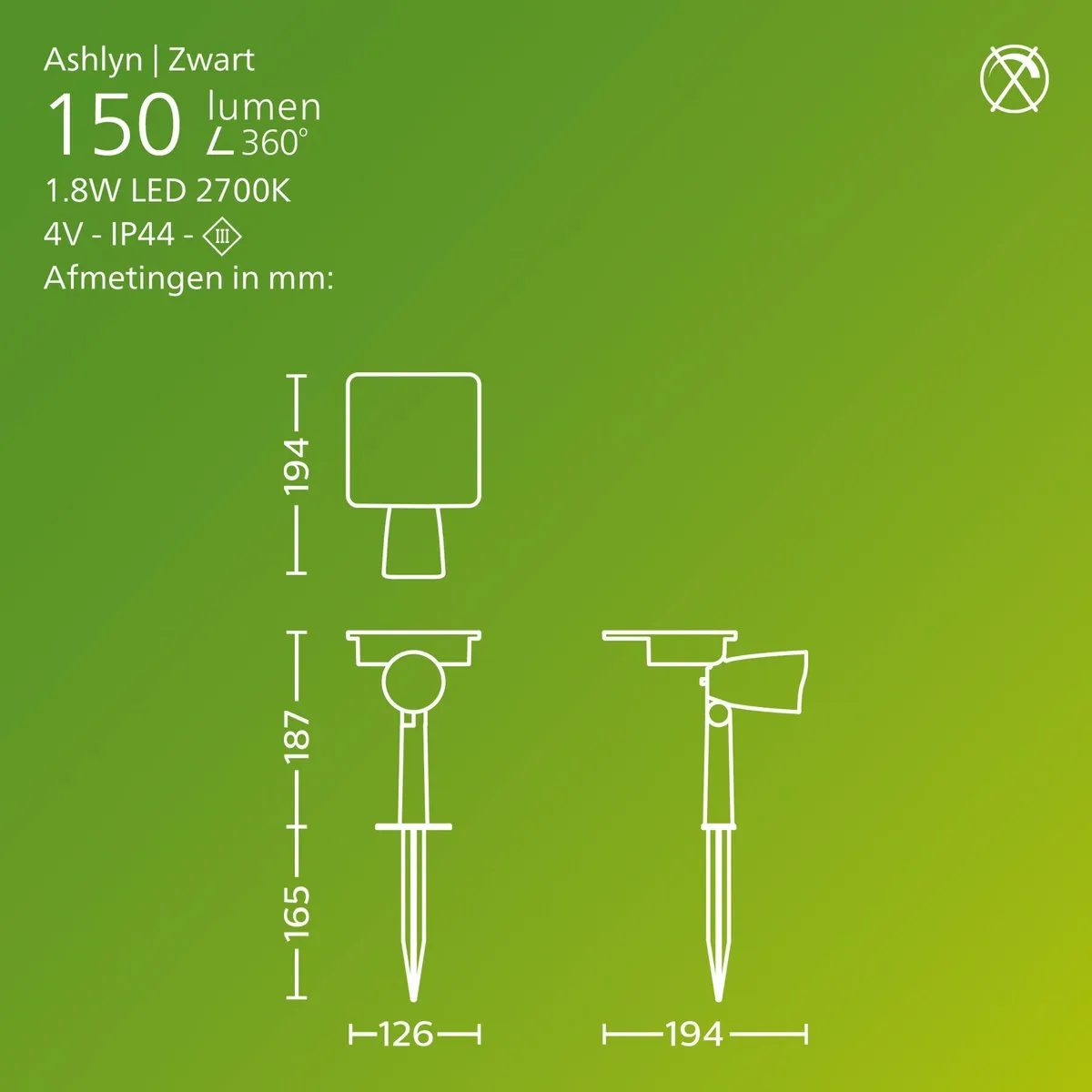 Philips Ashlyn Zonne-energie Sokkellamp - 1.4W Warm Wit 2700K - Zwart