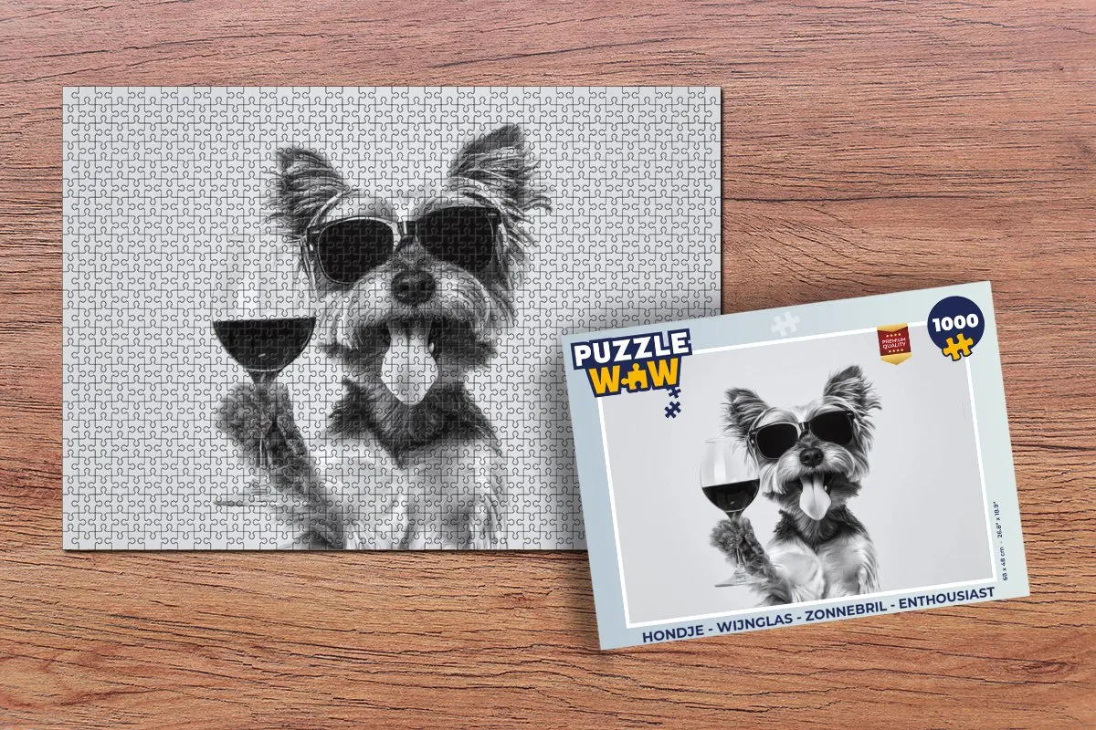 PuzzleWow Legpuzzel Hondje Wijnglas Zonnebril 1000 Stuks