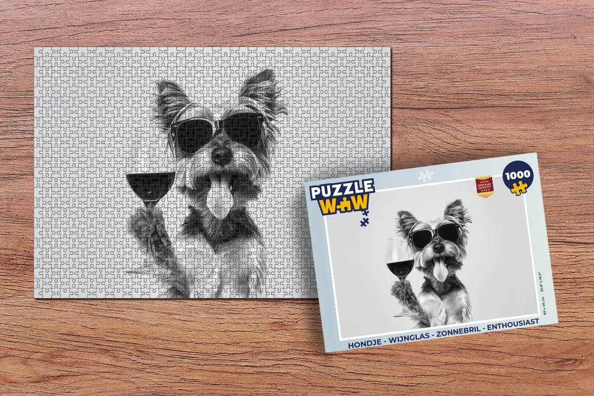 PuzzleWow Legpuzzel Hondje Wijnglas Zonnebril 1000 Stuks