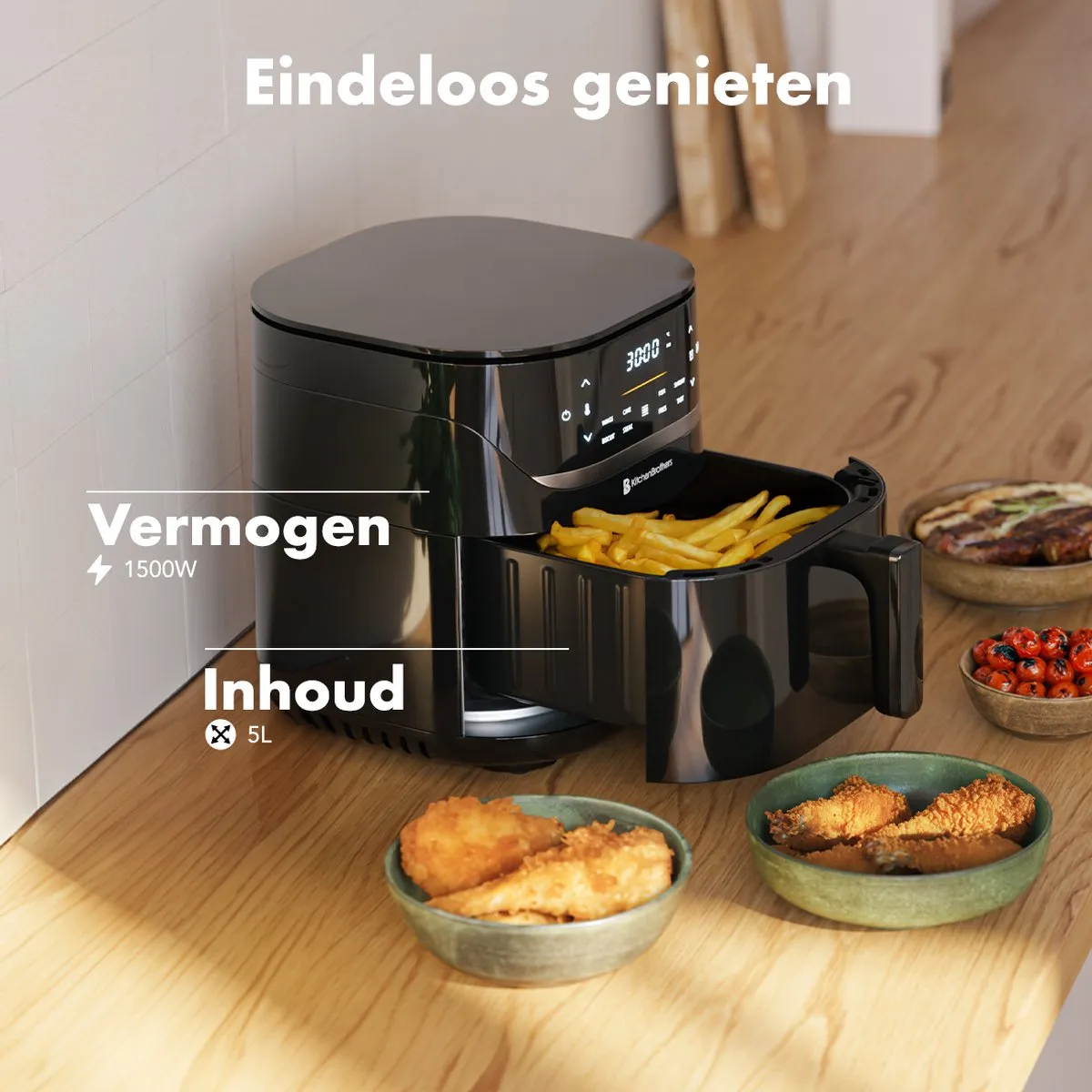 KitchenBrothers Airfryer XL 1500W 5L - 8 Programma's - Zwart