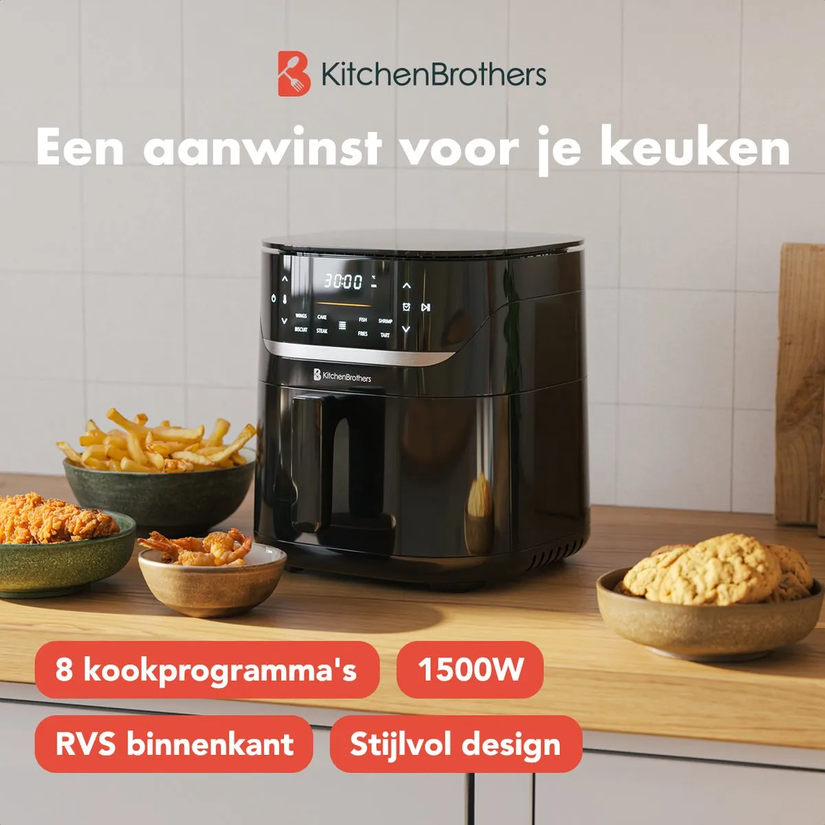 KitchenBrothers Airfryer XL 1500W 5L - 8 Programma's - Zwart