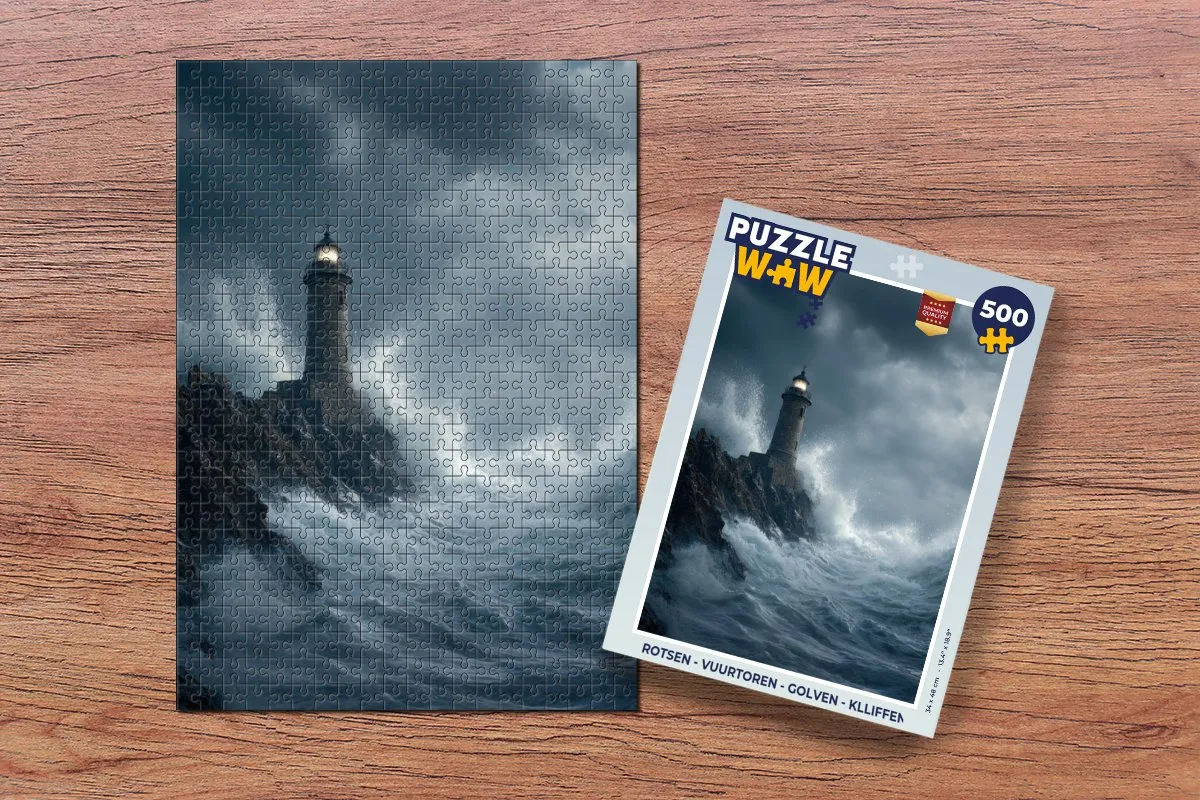 PuzzleWow Legpuzzel Rotsen Vuurtoren Golven 500 Stuks