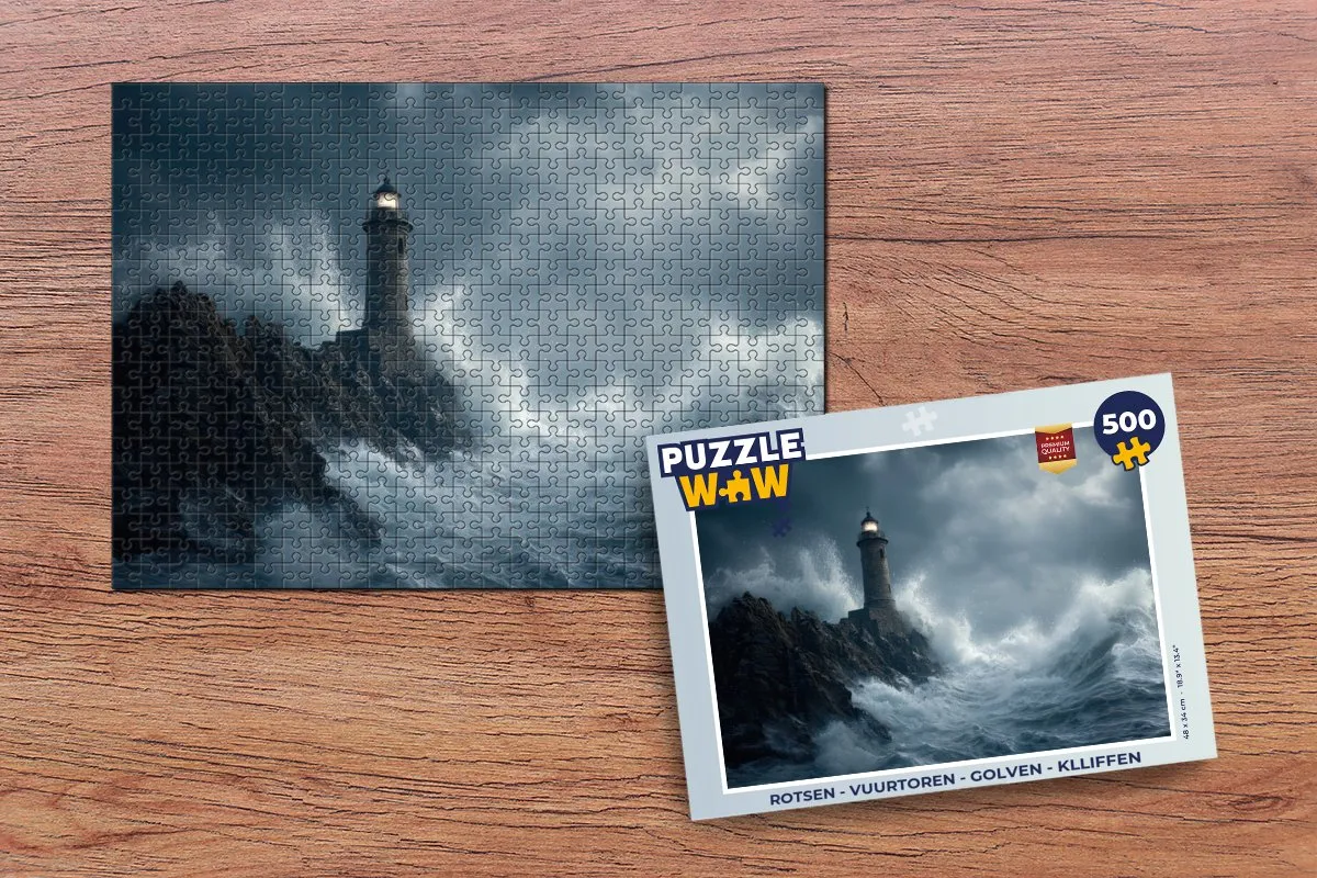 PuzzleWow Legpuzzel Rotsen Vuurtoren Golven 500 Stuks