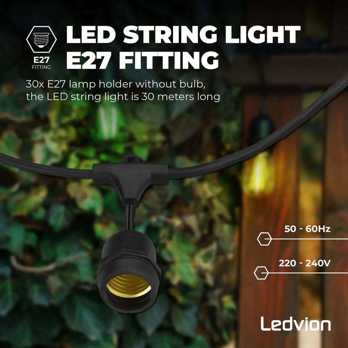 LEDVION Prikkabel 30M - 30x E27 LED Multicolor 30W - IP65
