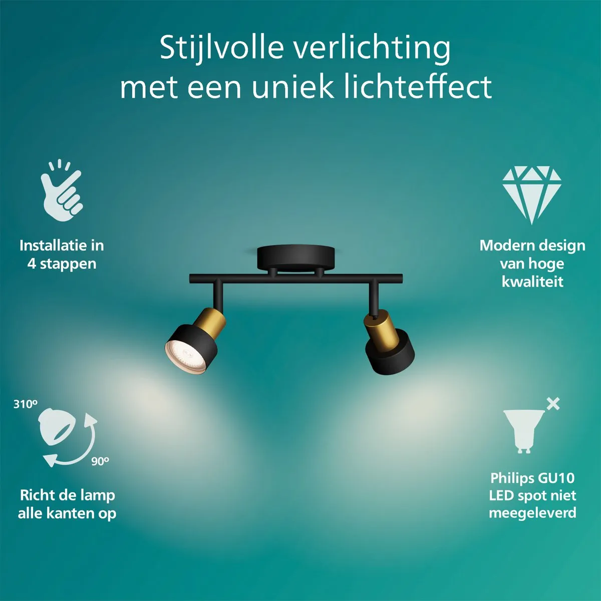 Philips Conduit Spot Plafondspot - 2x GU10 - Zwart/messing