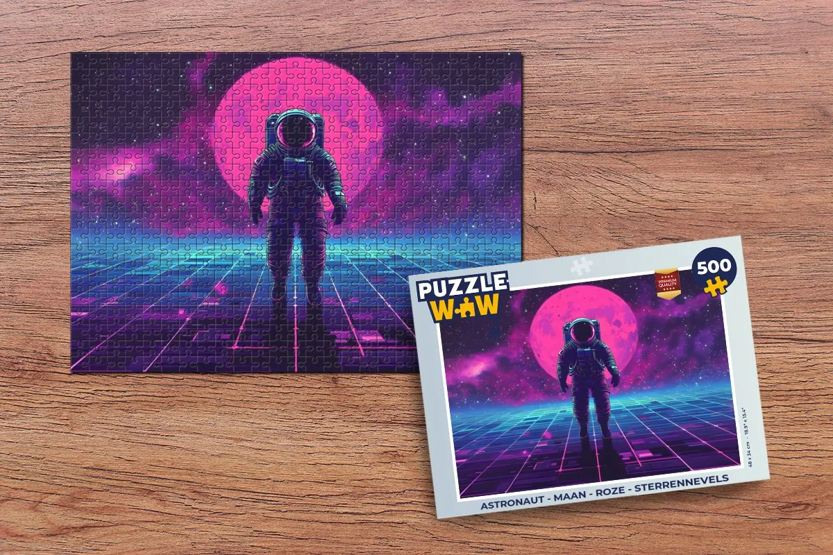 PuzzleWow Astronaut Maan Legpuzzel 500 Stuks - Roze Sterrennevels