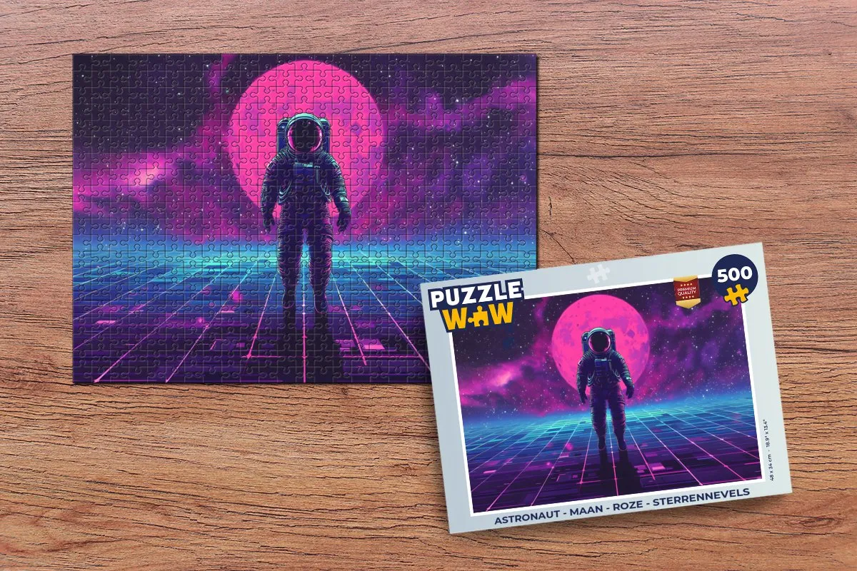 PuzzleWow Astronaut Maan Legpuzzel 500 Stuks - Roze Sterrennevels