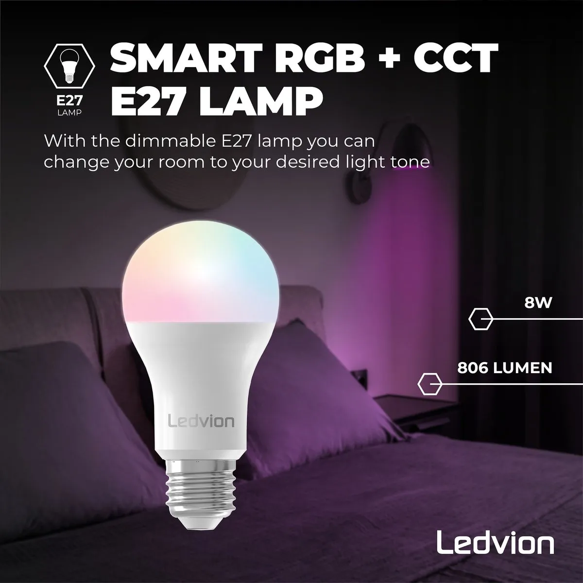 Ledvion 10x Smart RGB+CCT E27 LED Lamp 8W - Mat - Alexa & Google Home
