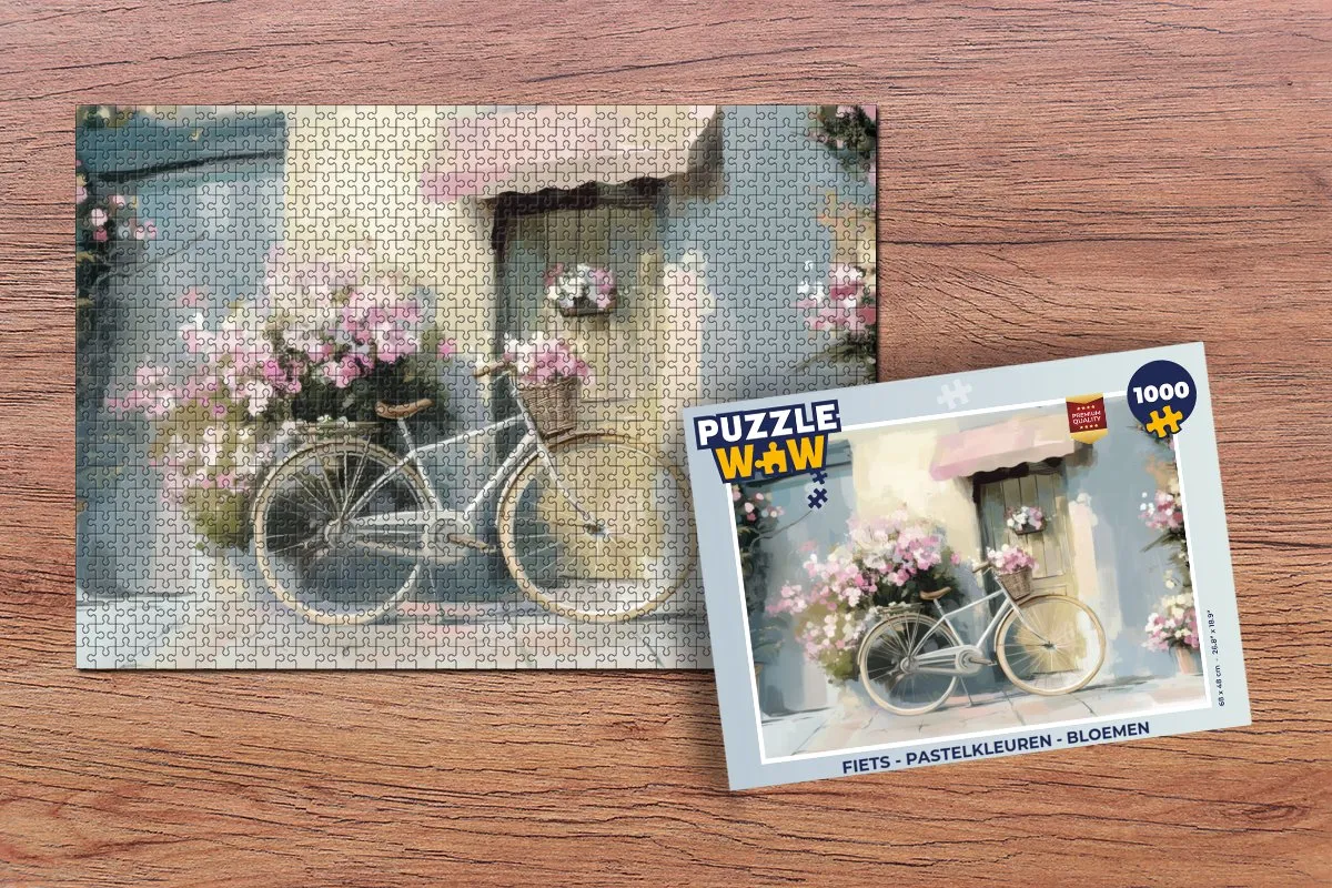 PuzzleWow Fiets Legpuzzel 1000 Stuks - Pastelkleuren Bloemen