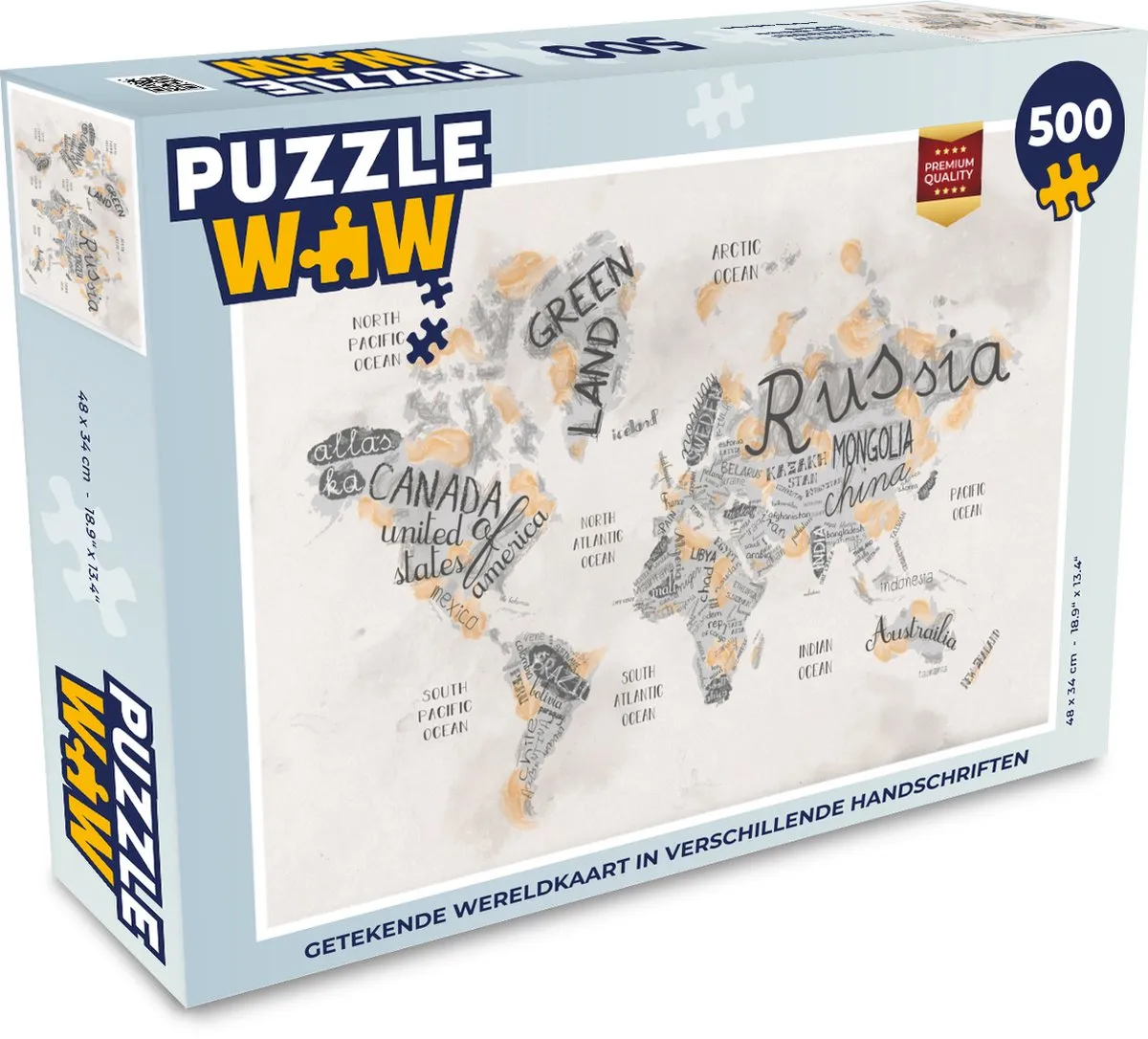 PuzzleWow Wereldkaart Letters Legpuzzel 500 Stuks
