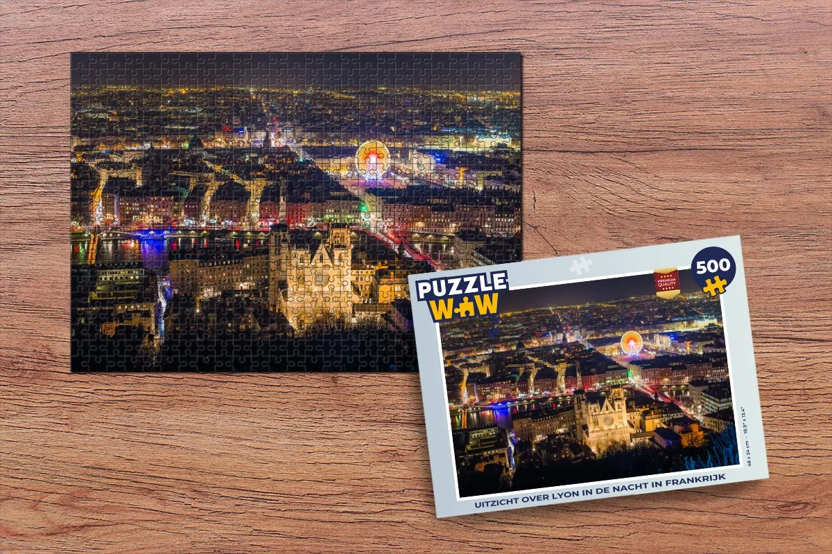 PuzzleWow Legpuzzel Lyon Nacht Frankrijk 500 Stuks - Multicolor
