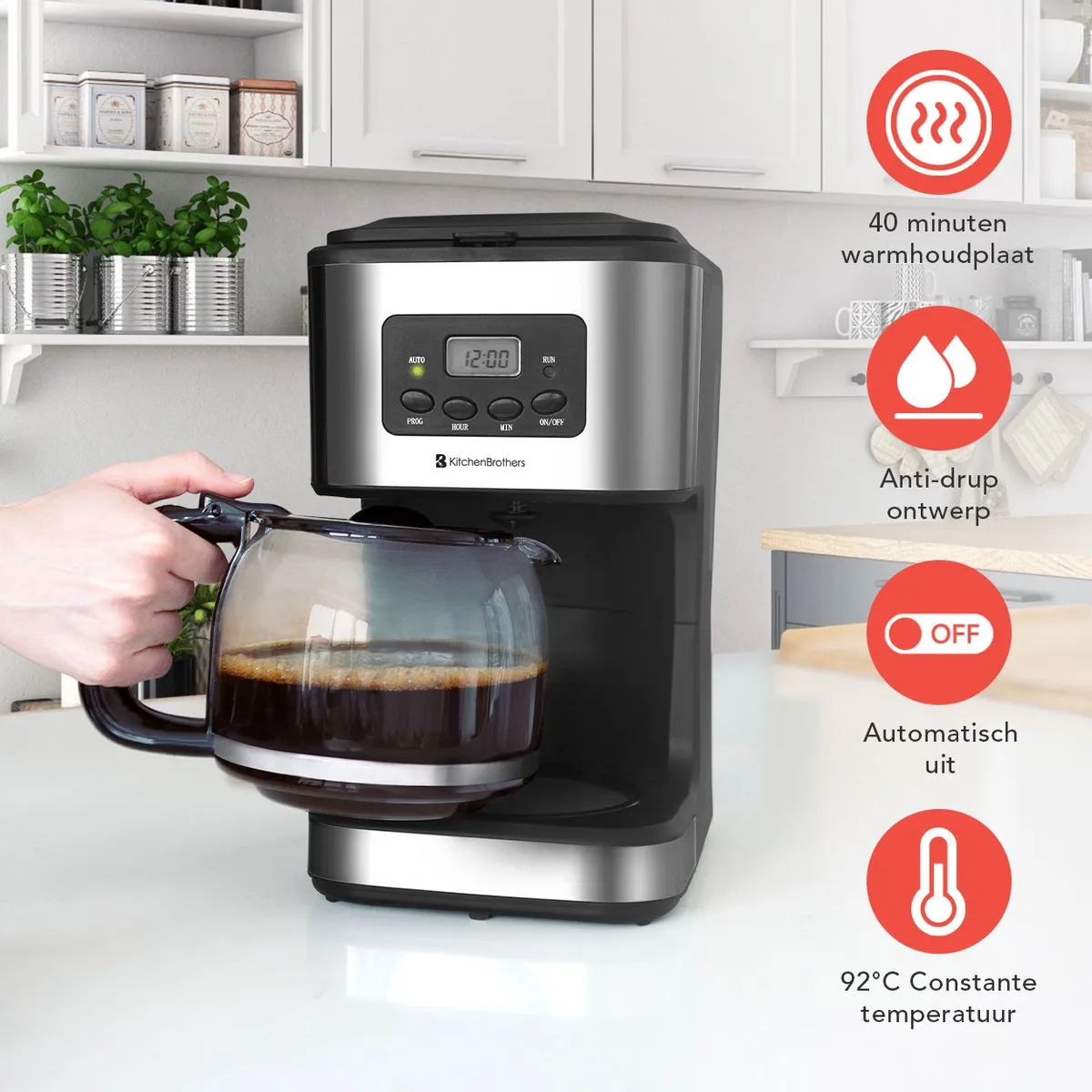 KitchenBrothers KB698 Koffiezetapparaat 12 Koppen - Zwart/RVS
