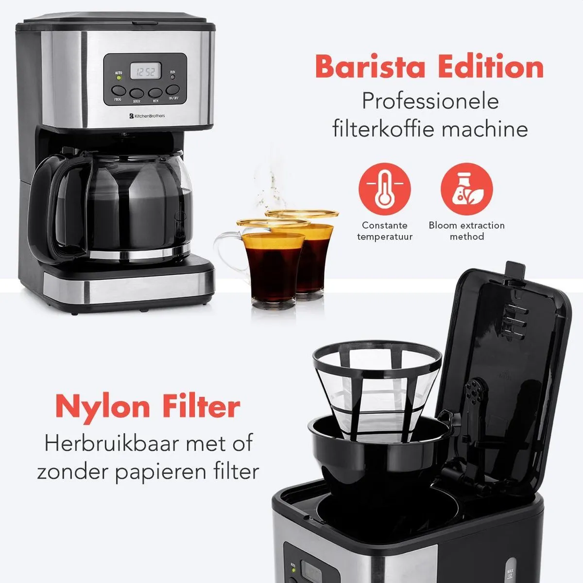 KitchenBrothers KB698 Koffiezetapparaat 12 Koppen - Zwart/RVS