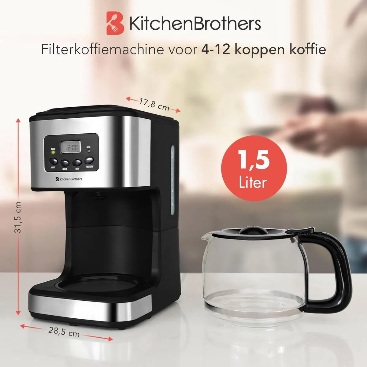 KitchenBrothers KB698 Koffiezetapparaat 12 Koppen - Zwart/RVS