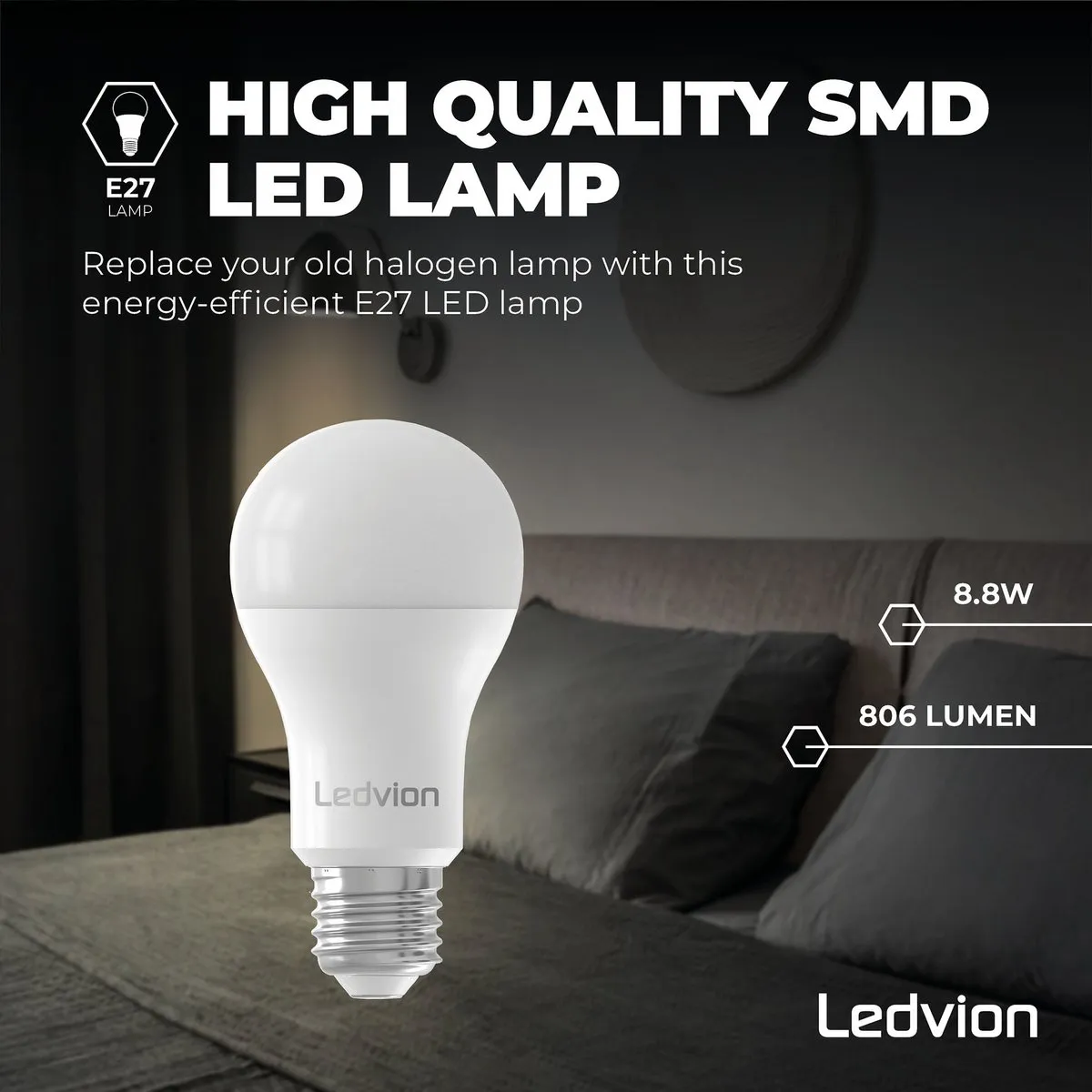 LEDVION 10x E27 LED Lamp Dimbaar 8.8W 2700K - Mat