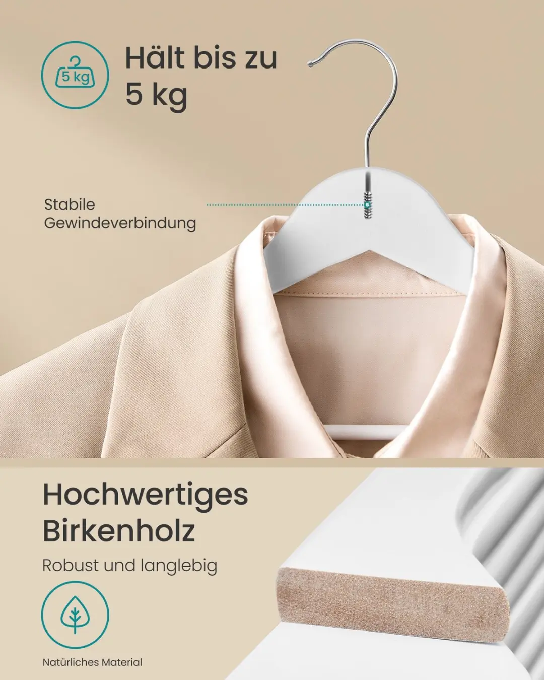 Songmics Berkenhouten Kledinghangers Wit - 50 Stuks - afbeelding 6 van 6