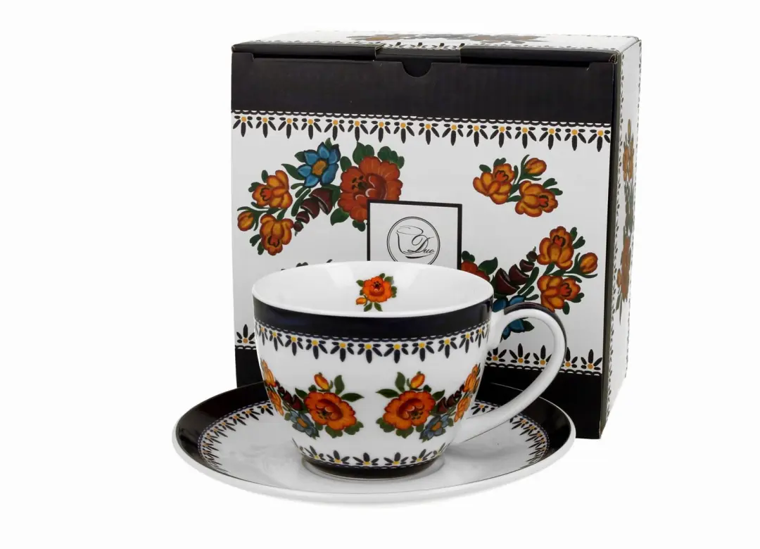 Duo INDIGO 2 Porseleinen Kop & Schotel 250ml met Bloemendecor