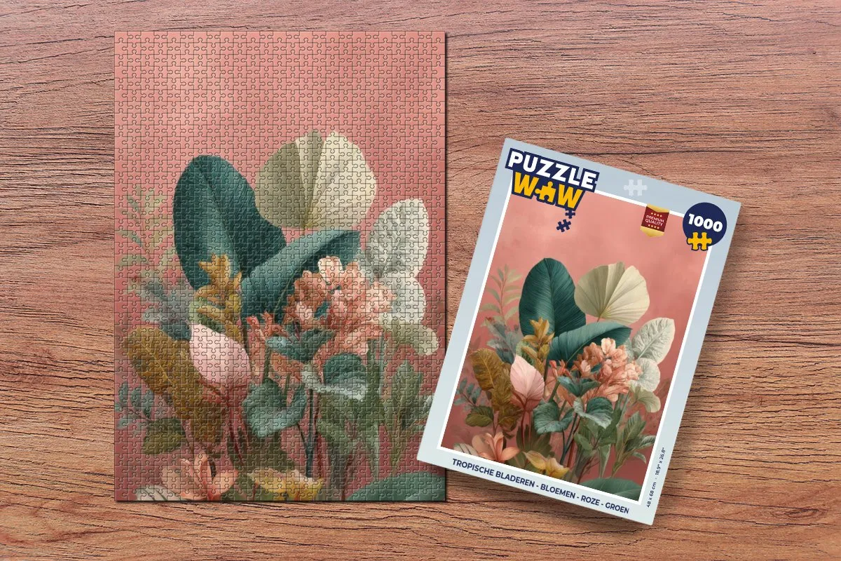 PuzzleWow Legpuzzel 1000 Stuks - Tropische Bladeren Roze/Groen