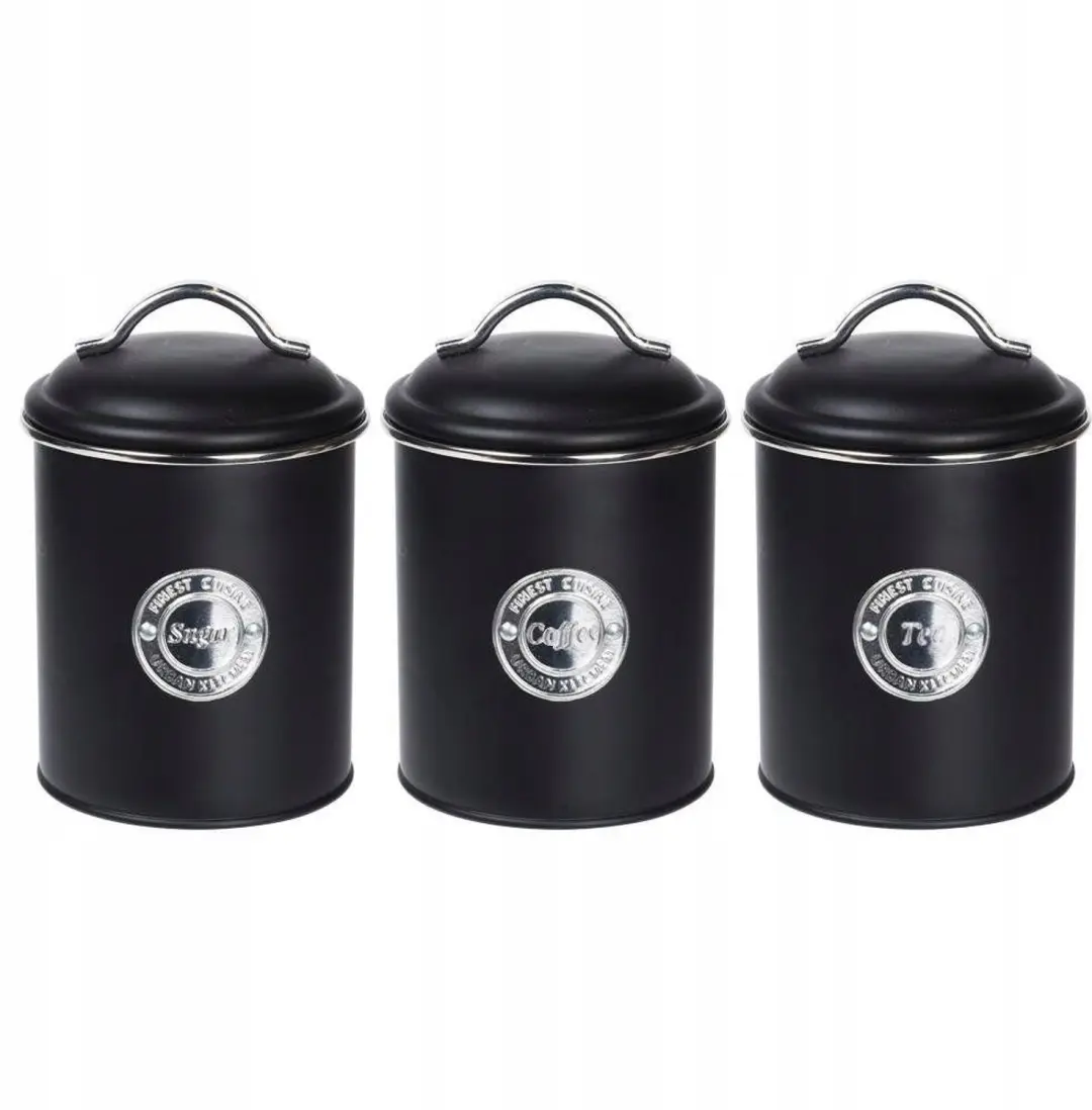 Set van 3 Zwarte Metalen Keuken Potten voor Koffie, Thee & Suiker