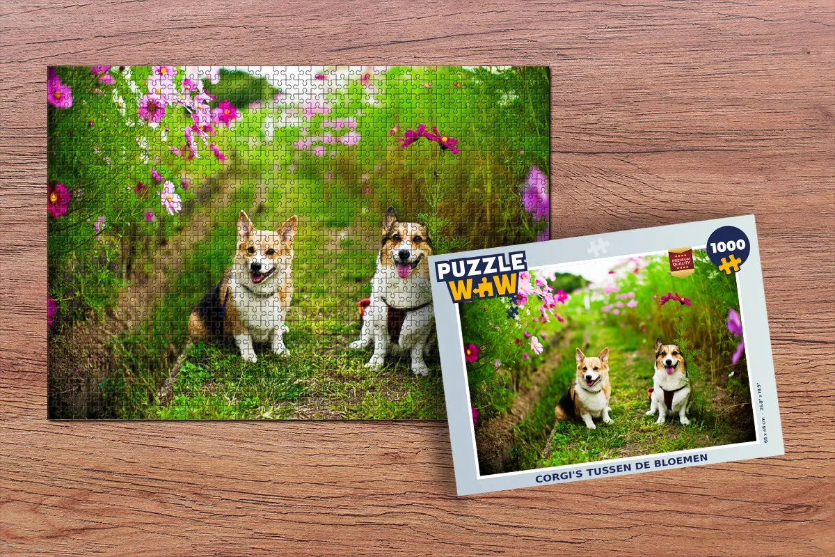 PuzzleWow Corgi's tussen de bloemen Legpuzzel 1000 Stuks - Multicolor