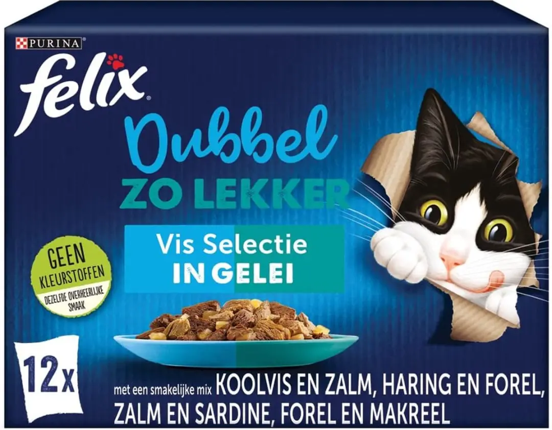 Felix Dubbel Zo Lekker Vis Selectie kattenvoer, natvoer met Koolvis en Zalm, met