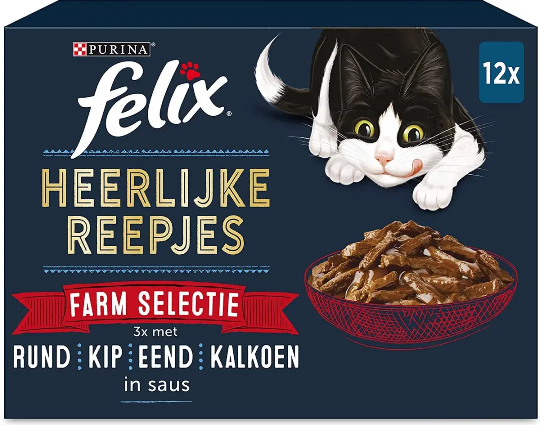 Felix Heerlijke Reepjes Farm Selectie Kattenvoer, Natvoer met Rund, Kip, Eend, K