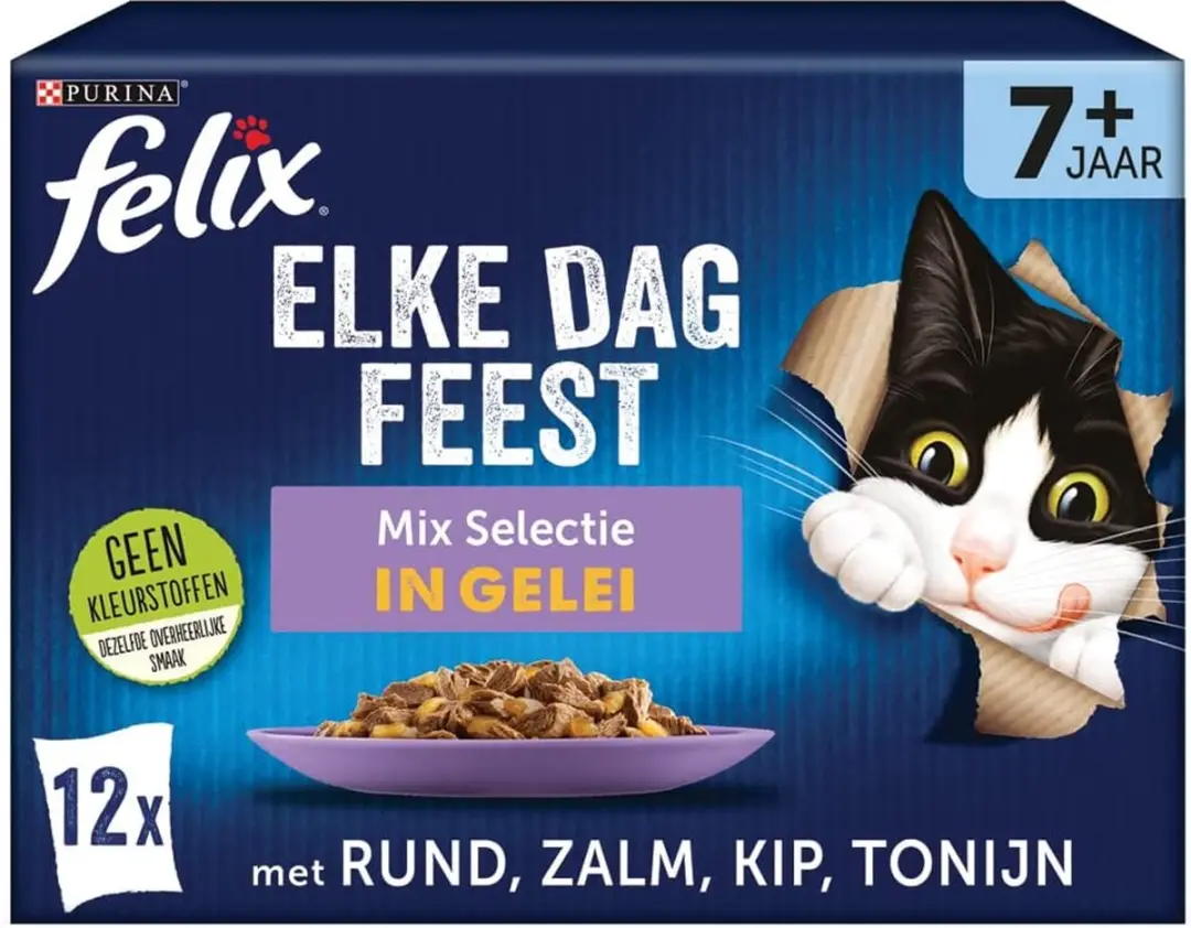 Felix Elke Dag Feest Senior Mix Selectie kattenvoer, natvoer met Tonijn, met Zal