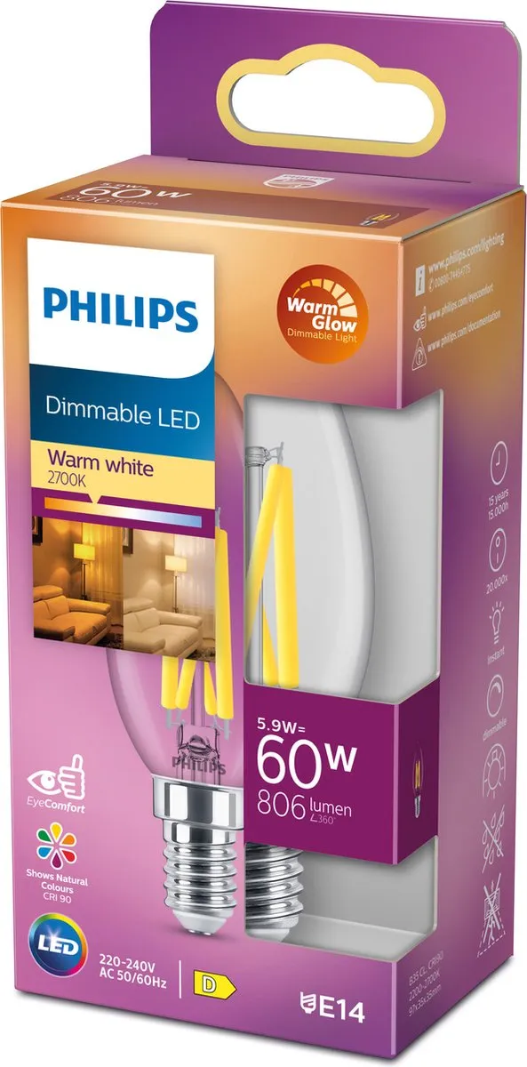 Philips LED Kaars Transparant 5.9W E14