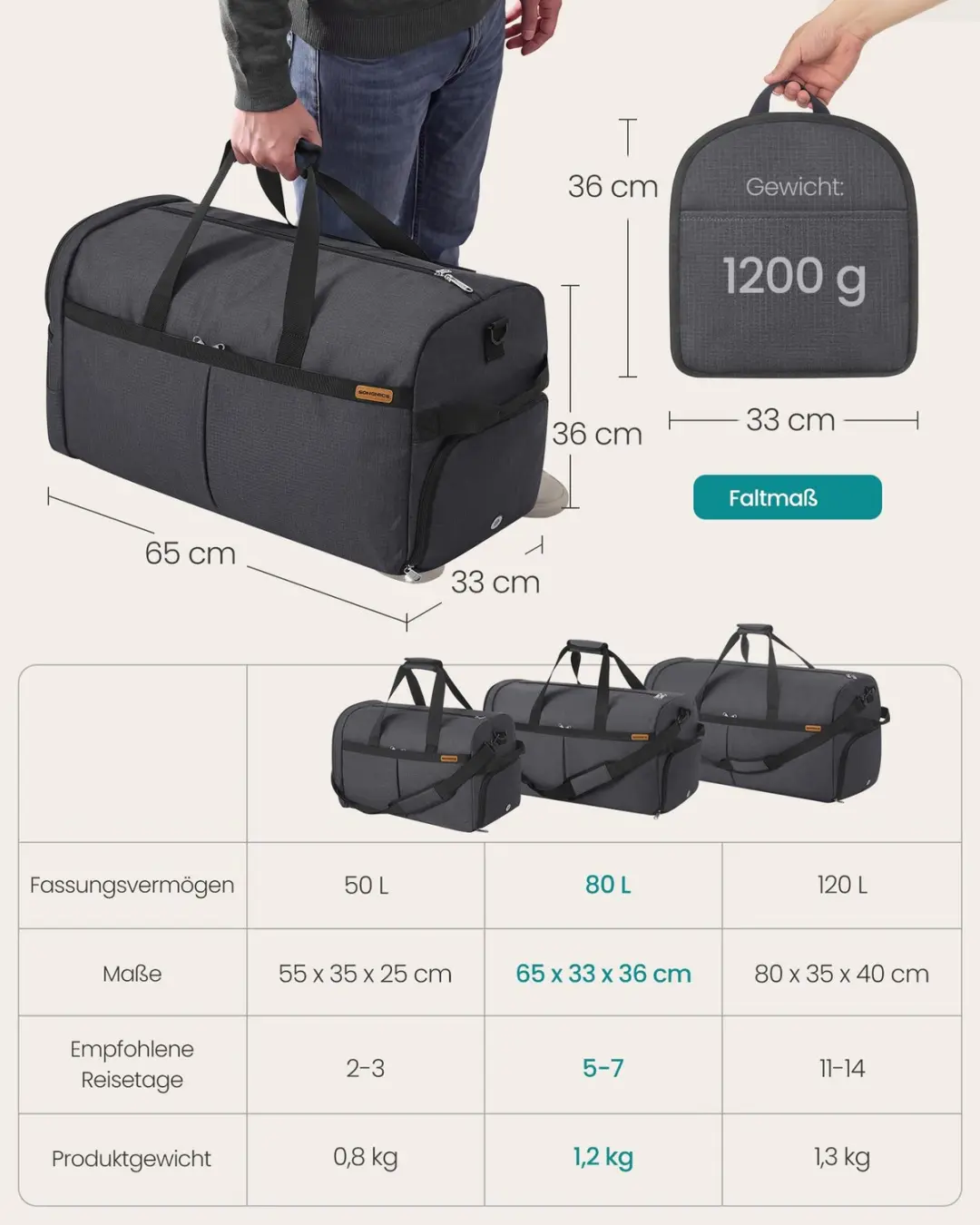 Songmics Opvouwbare Sporttas RBF080G101 80L - Grijs - afbeelding 2 van 6