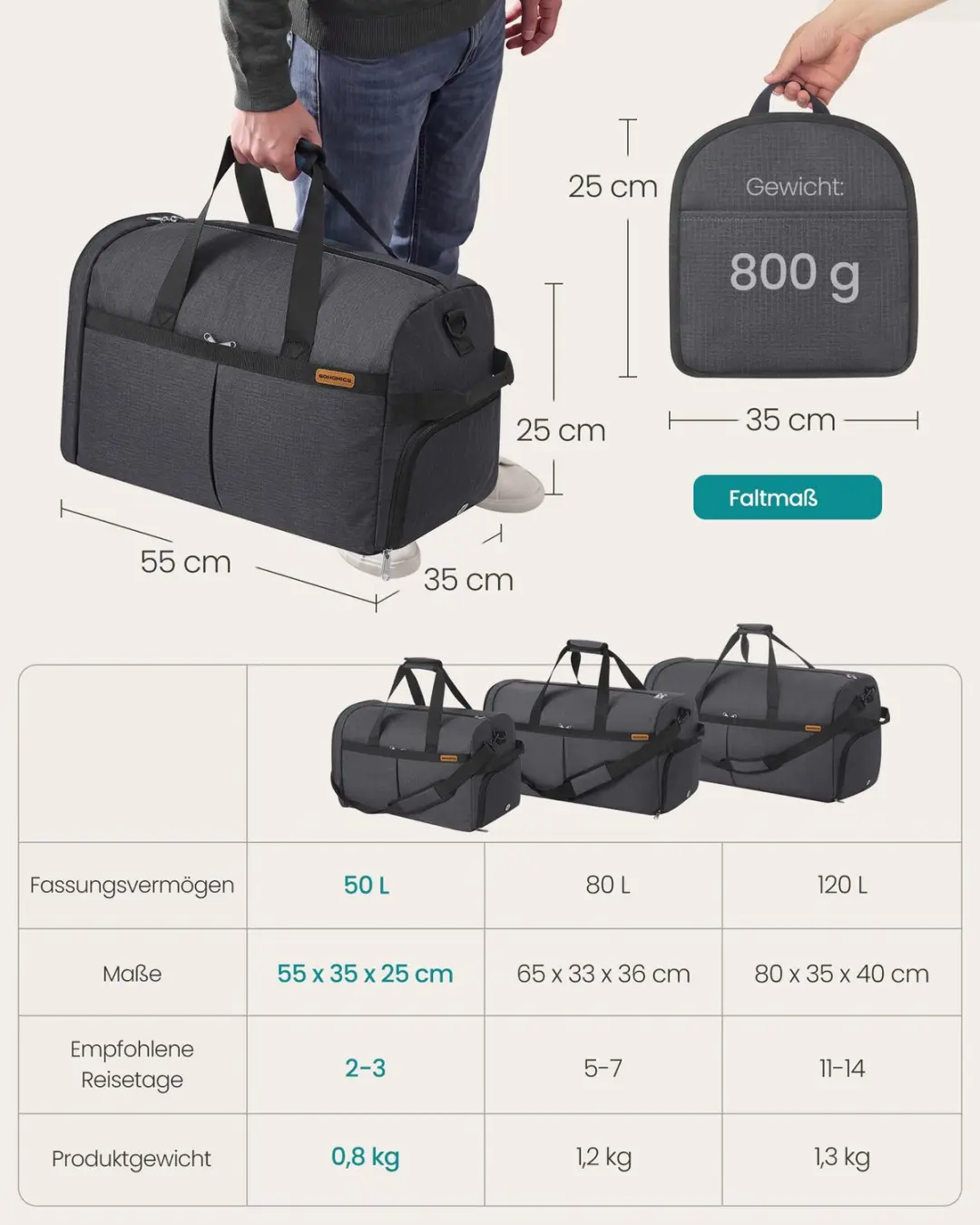 Songmics Opvouwbare Sporttas 50L - Grijs - afbeelding 4 van 5