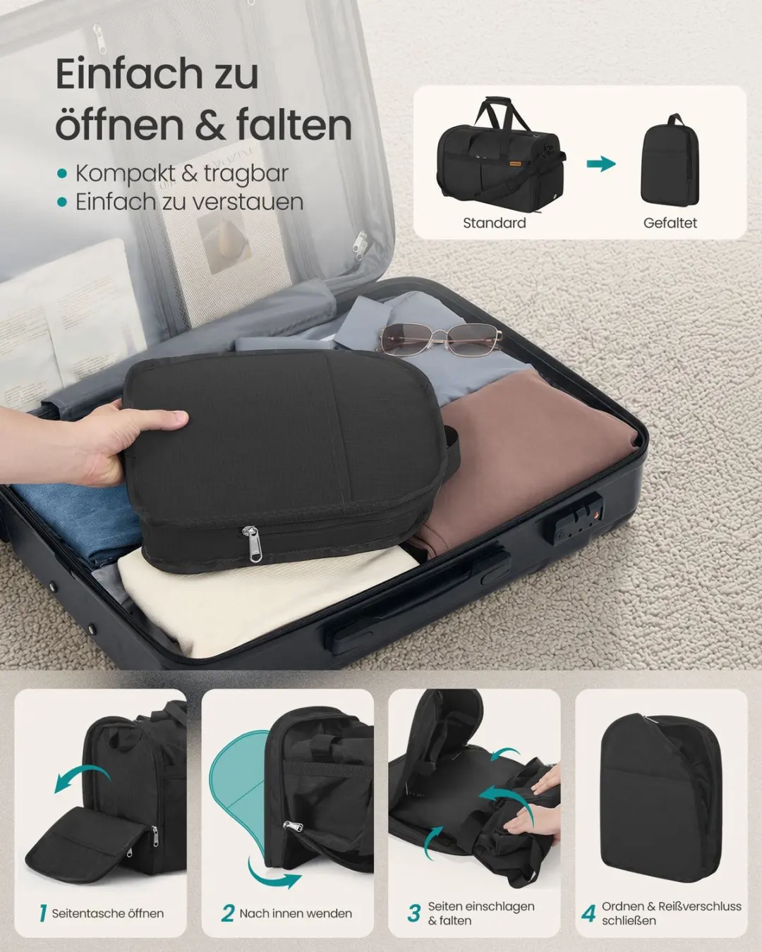 Songmics Opvouwbare Sporttas met Schoenenvak 50L - Zwart - afbeelding 3 van 6