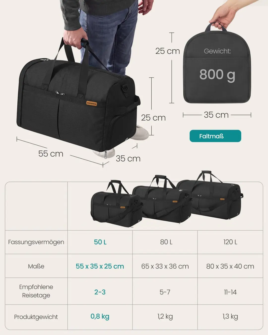 Songmics Opvouwbare Sporttas met Schoenenvak 50L - Zwart - afbeelding 5 van 6