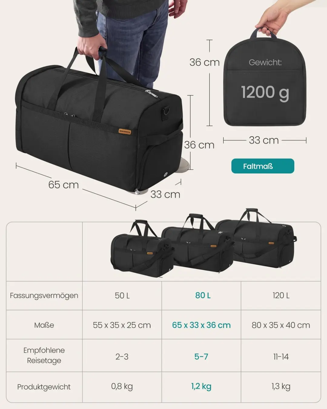 Songmics Opvouwbare Sporttas 80L - Zwart - afbeelding 5 van 6