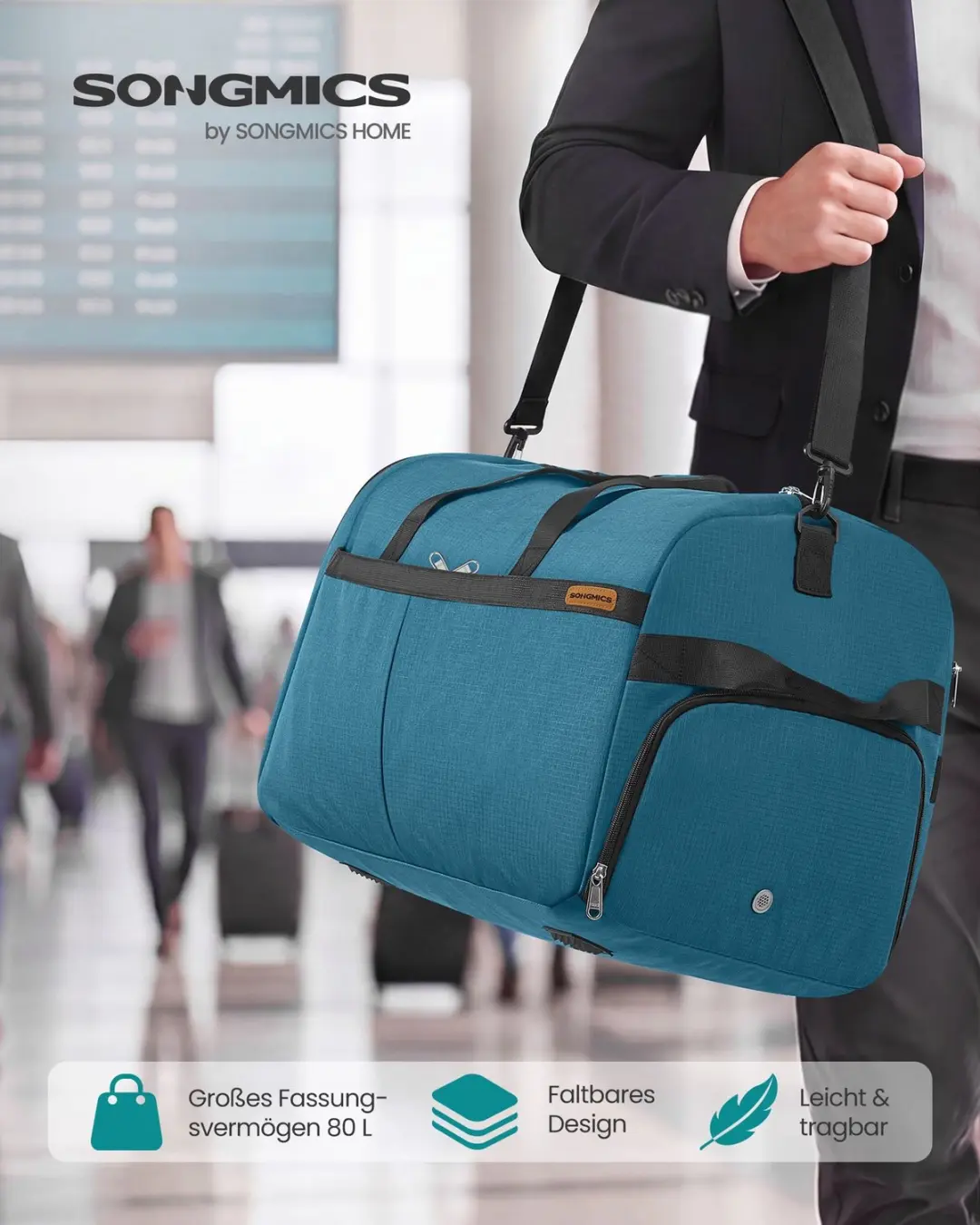 Songmics Opvouwbare Sporttas 80L met Schoenenvak - Blauw - afbeelding 2 van 5
