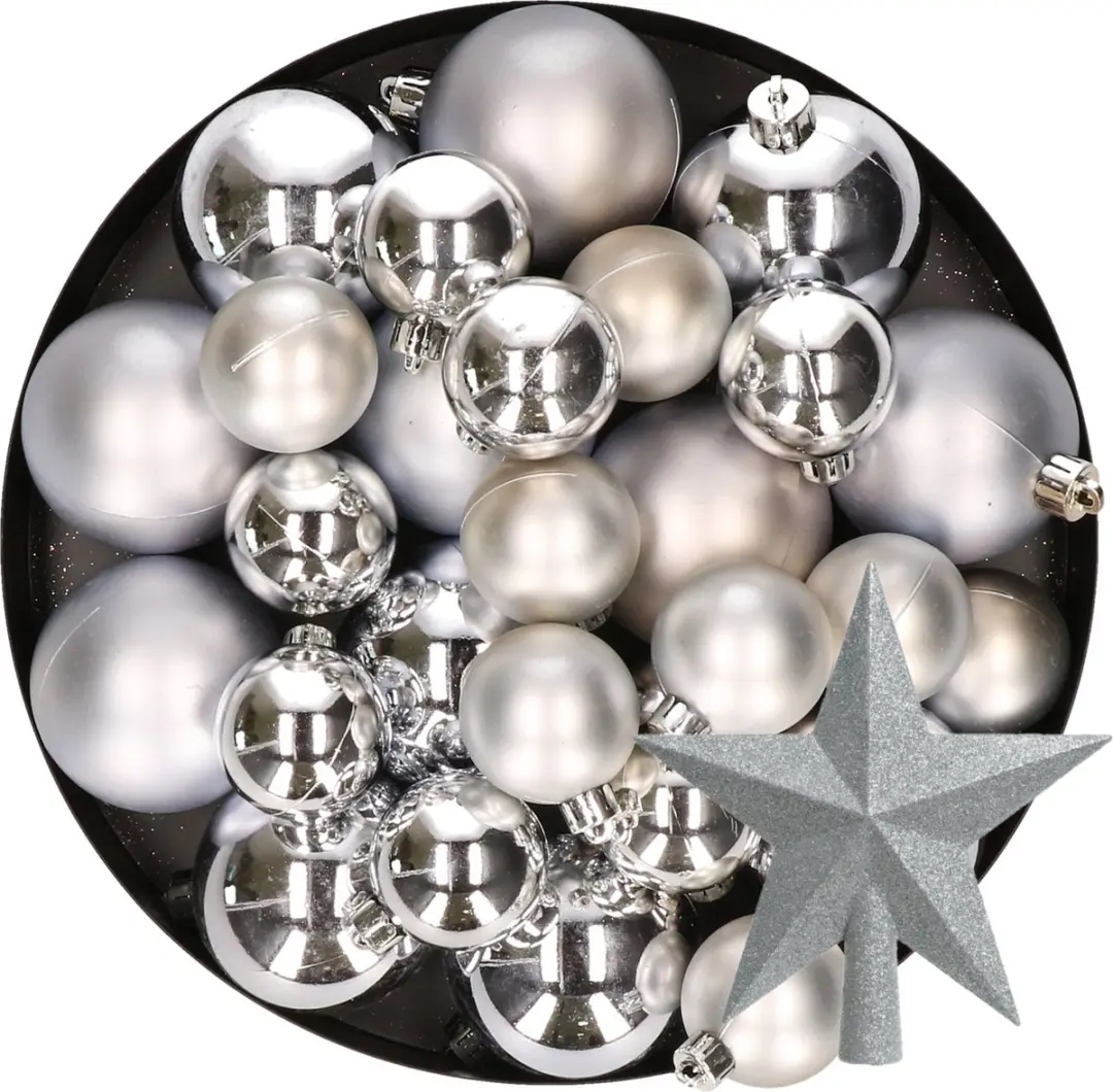 Kerstversiering kunststof kerstballen met piek zilver 6-8-10 cm pakket van 45x stuks - Kerstboomversiering
