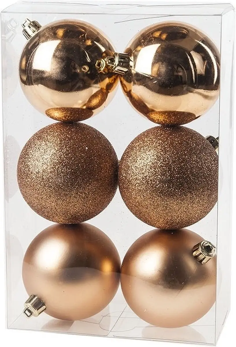 12x Koperkleurige kunststof kerstballen 8 cm