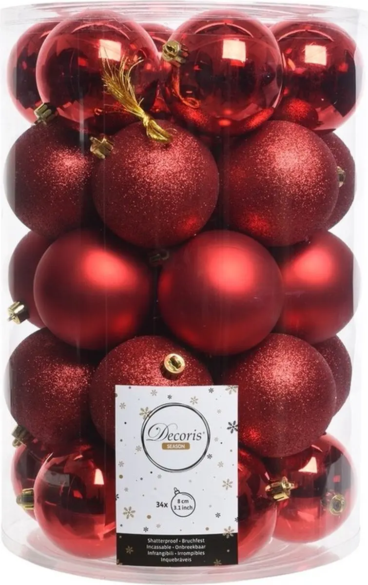 Decoris kerstballen - 34x st - rood - 8 cm - kunststof - kerstversiering