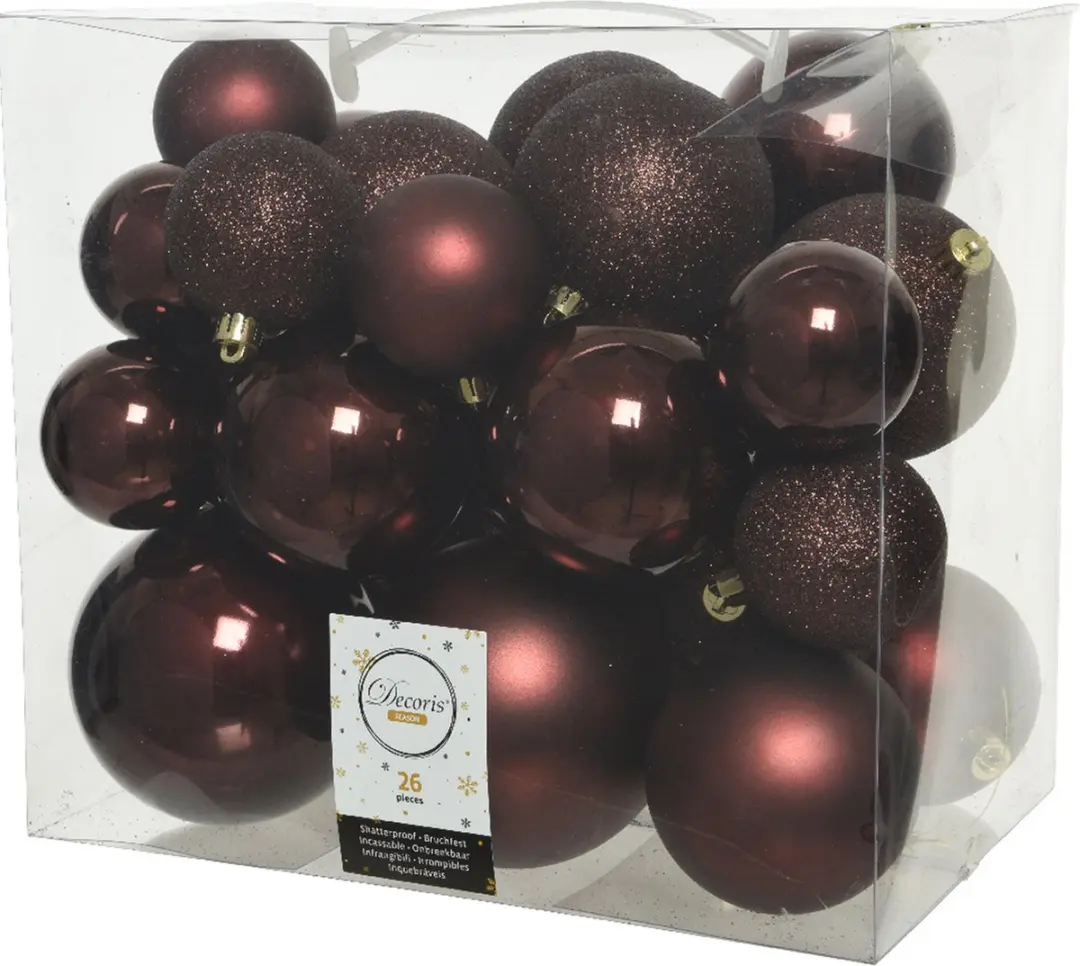 Decoris Kerstballen - 26x st - mahonie bruin - 6-8-10 cm - kunststof - kerstversiering