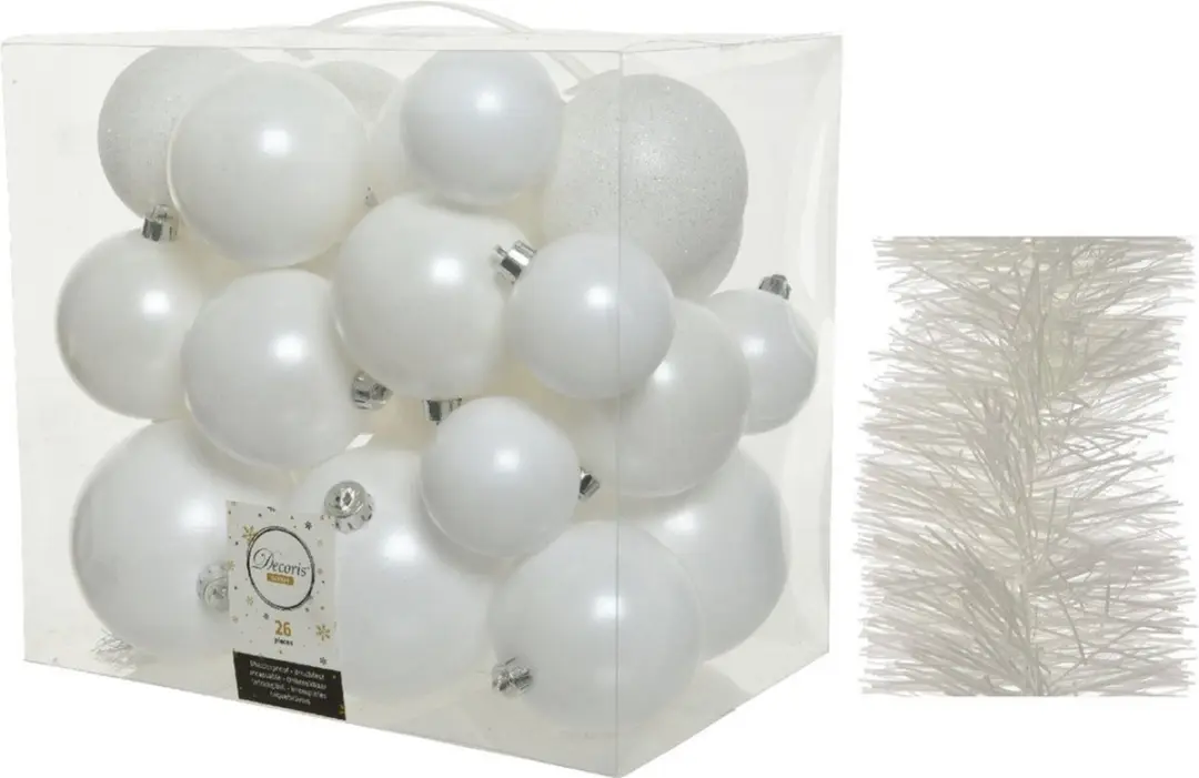 Kerstversiering kunststof kerstballen 6-8-10 cm met folieslingers pakket winter