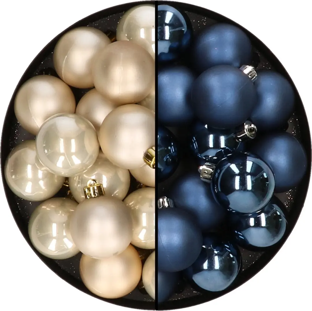 32x stuks kunststof kerstballen mix van champagne en donkerblauw 4 cm