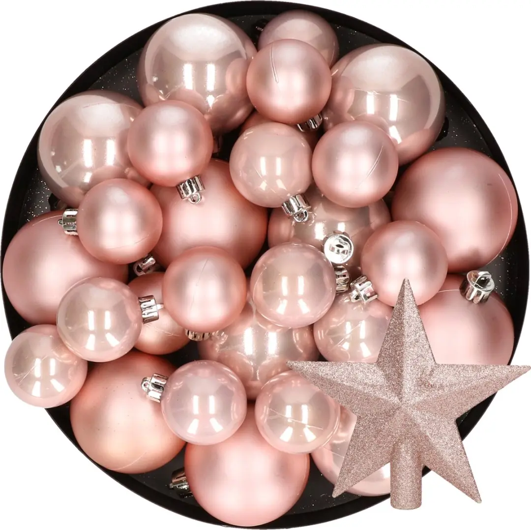 Kerstversiering kunststof kerstballen met piek lichtroze 6-8-10 cm pakket van 45