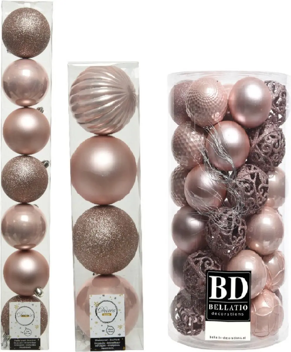 Decoris Kerstballen set kunststof lichtroze 6-8-10 cm