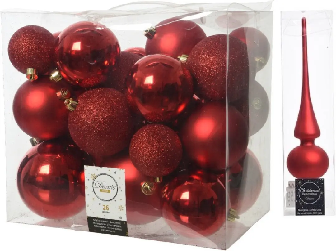 Kerstversiering kunststof kerstballen rood 6-8-10 cm pakket van 27x stuks
