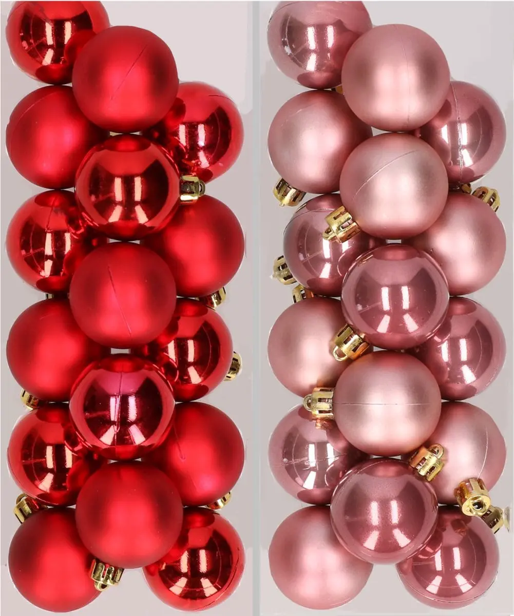 32x stuks kunststof kerstballen mix van rood en oudroze 4 cm