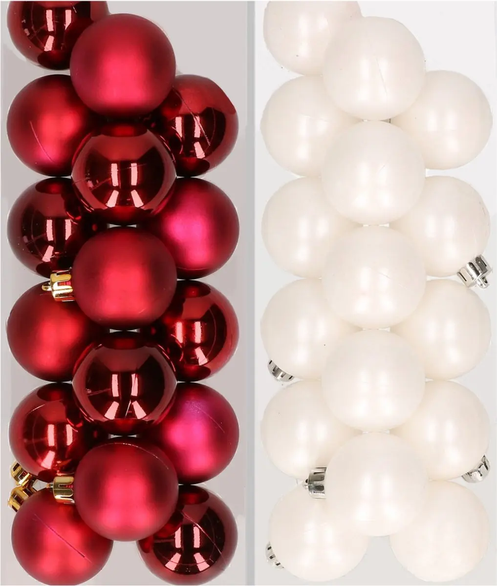 32x stuks kunststof kerstballen mix van donkerrood en wit 4 cm