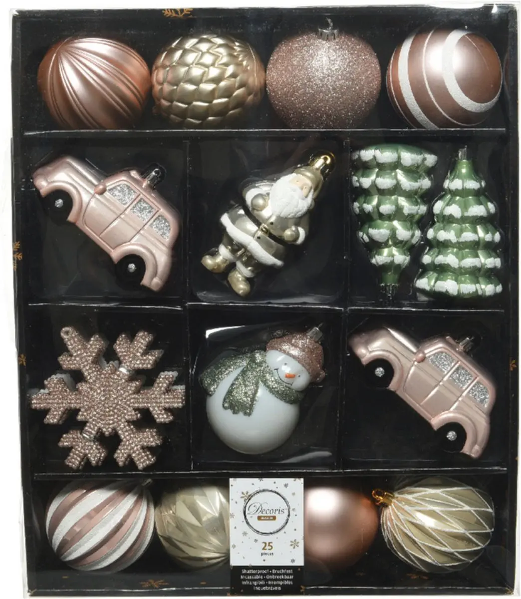 Decoris 25x Kersthangers kunststof 8 cm - salie groen - lichtroze - parel wit onbreekbaar