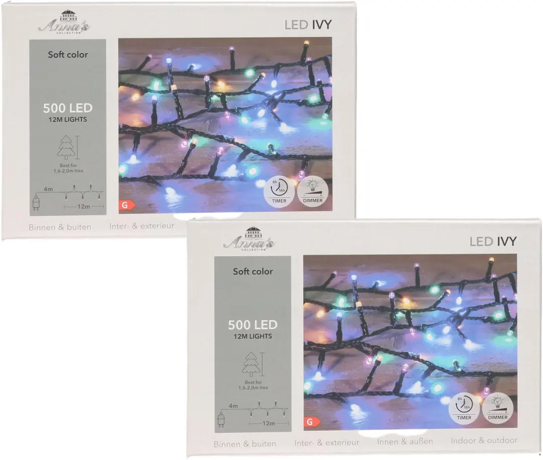 Anna's Collection Kerstverlichting LED Ivy - 2x - 500 leds - 1200 cm- gekleurd - dimmer - kerstboomverlichting